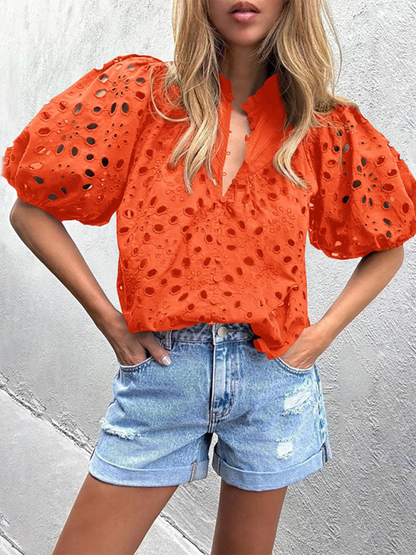 Puff Sleeve Embroidered Shirt - Romantic Style Blouse for Women