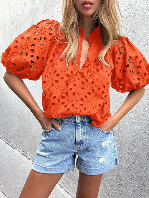 Puff Sleeve Embroidered Shirt - Romantic Style Blouse for Women