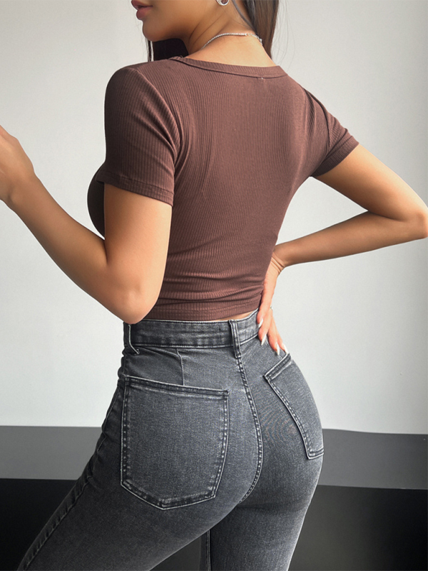 Square Neck Crop Top Short Sleeve Viscose Women's T-Shirt