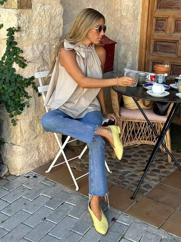 Ruffle Collar Striped Top - Casual Loose Sleeveless Blouse for Women Cracker khaki