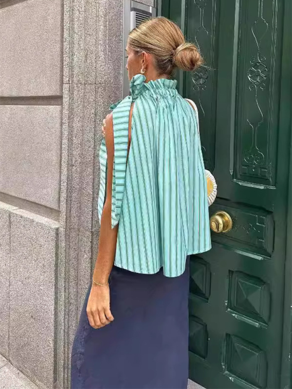 Ruffle Collar Striped Top - Casual Loose Sleeveless Blouse for Women Green