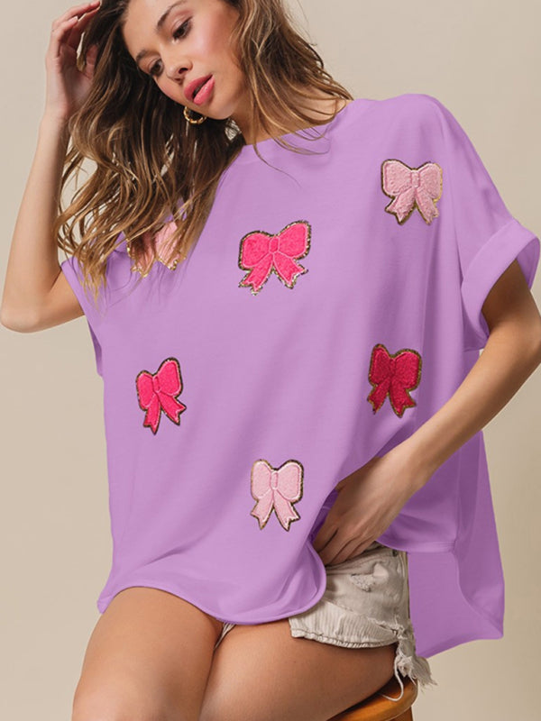Modern short-sleeved bow sequin embroidered top Purple