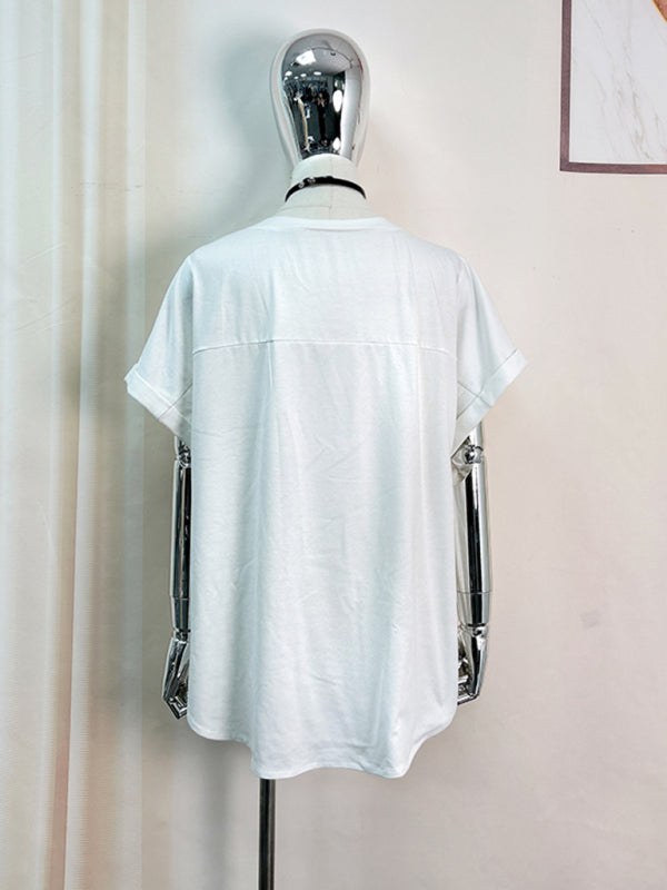 Modern short-sleeved bow sequin embroidered top