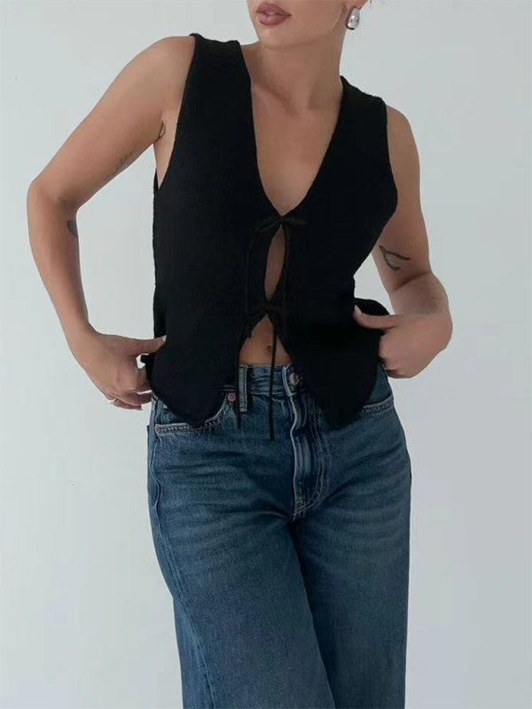 Knitted V-Neck Vest | Rope Detail Design | Autumn Winter | Multiple Colors Black