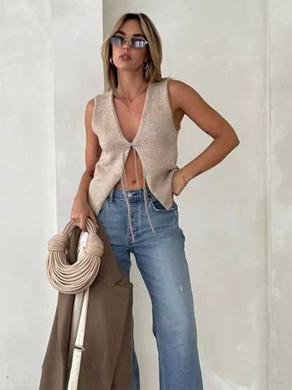 Knitted V-Neck Vest | Rope Detail Design | Autumn Winter | Multiple Colors