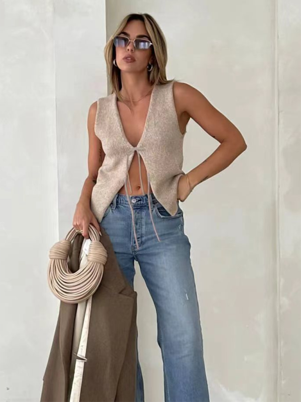 Knitted V-Neck Vest | Rope Detail Design | Autumn Winter | Multiple Colors