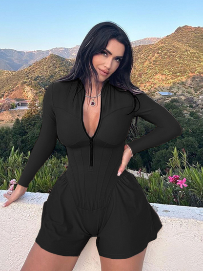 Women's Solid Color Casual Sportswear Zipper Wide-Leg Jumpsuit Shorts