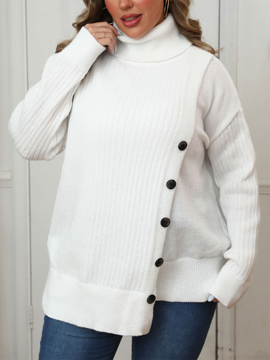 Plus Size Women's Button Decorated Irregular Sweater White
