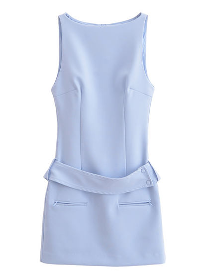 Belted Fitted Dress | Spring Summer Casual | Blue & Cream Colors Blue
