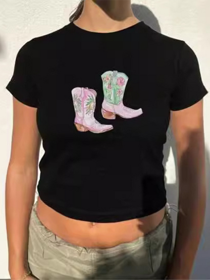 Y2K Boots Print Short Fashion Hot Girls T-Shirt Black