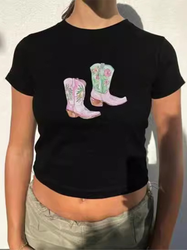 Y2K Boots Print Short Fashion Hot Girls T-Shirt Black