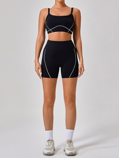Skinny outdoor sports spaghetti strap contrast color suspender bra + shorts Yoga suit Black