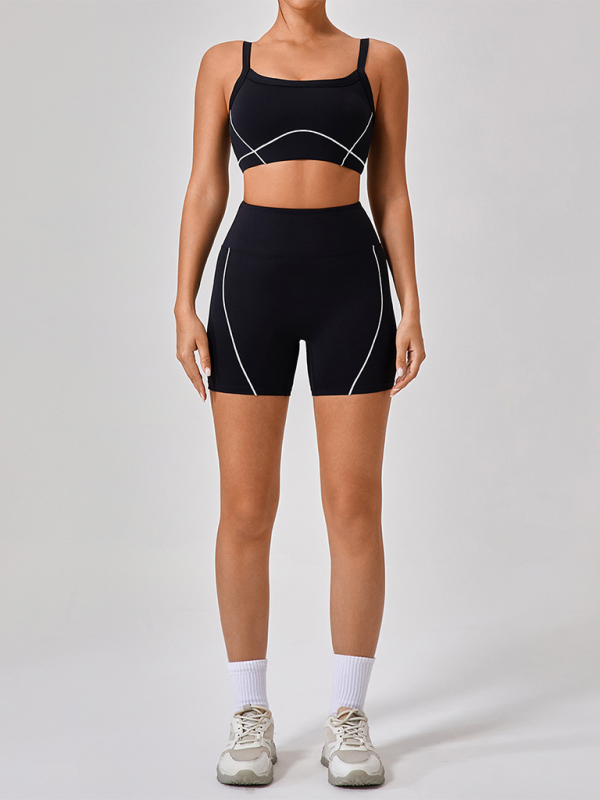 Skinny outdoor sports spaghetti strap contrast color suspender bra + shorts Yoga suit Black