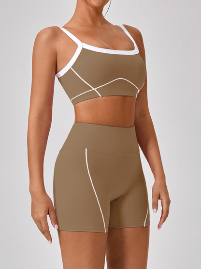 Skinny outdoor sports spaghetti strap contrast color suspender bra + shorts Yoga suit Khaki