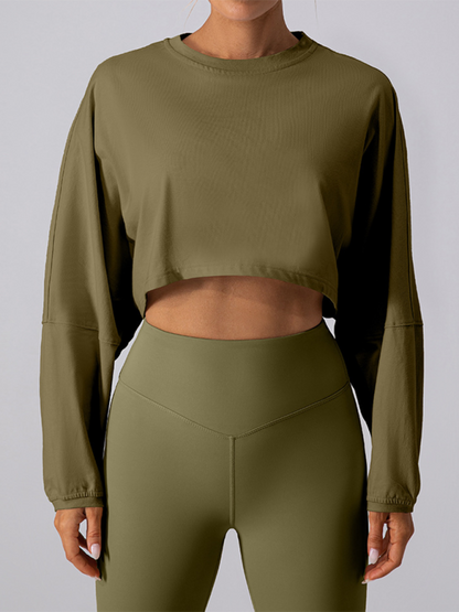 Round neck sweatshirt T-shirt sports short base shirt yoga running loose long sleeve top Olive green