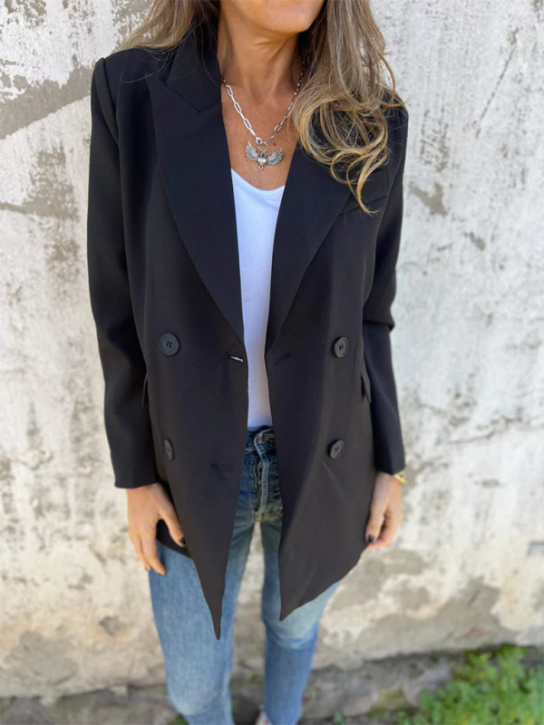 Women's Solid Color Blazer - Long Sleeve - Lapel Collar - Multiple Colors - Autumn Winter Black