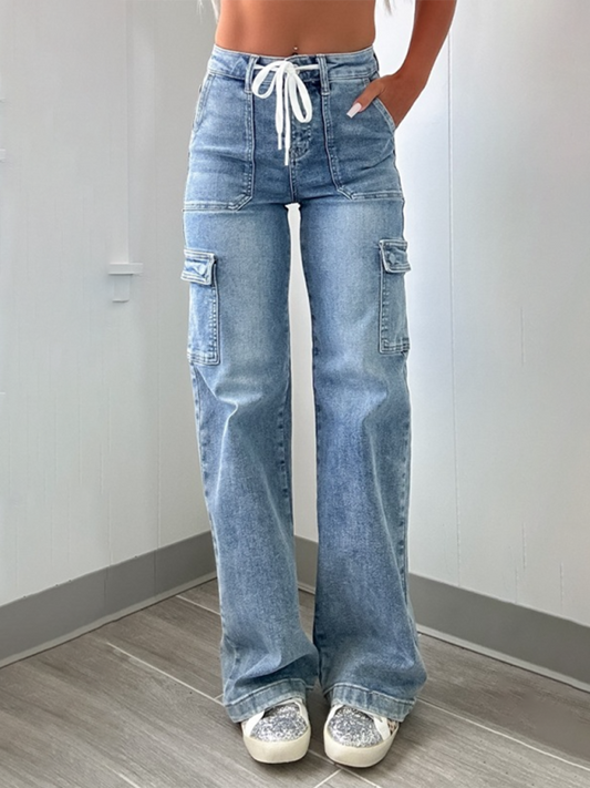 New Casual Lace-Up Multi-Pocket Functional Workwear Straight Leg Jeans Clear blue