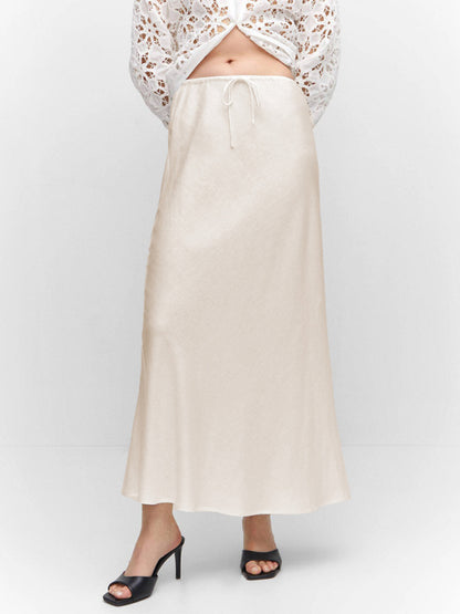 Satin Long Skirt High Waist Drawstring Tie Solid Color Halter Skirt Cream