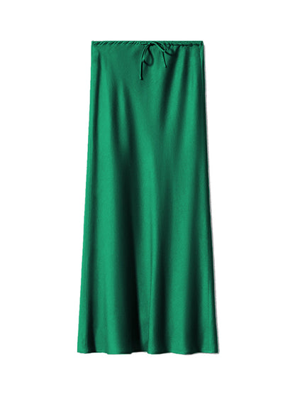Satin Long Skirt High Waist Drawstring Tie Solid Color Halter Skirt Green black jasper