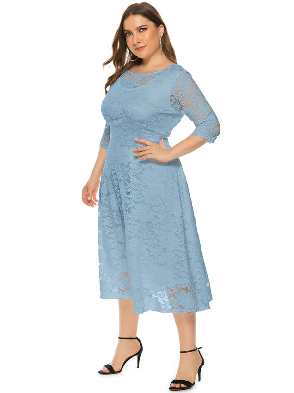 Plus size women's new evening dress bridesmaid dress lace pocket dress Blue grey