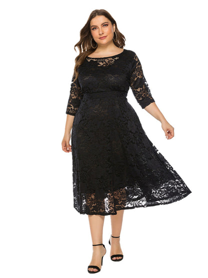 Plus size women's new evening dress bridesmaid dress lace pocket dress Black