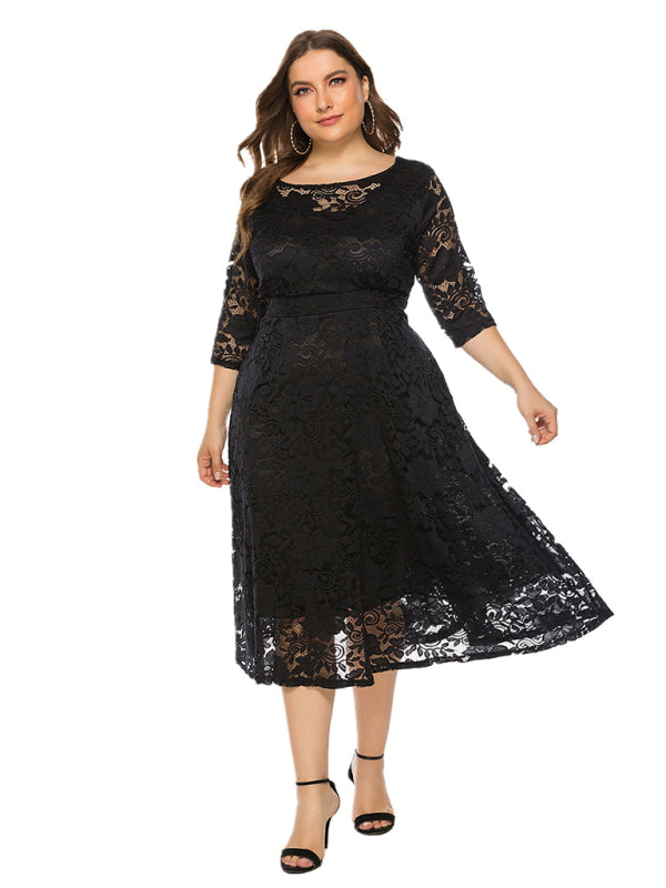 Plus size women's new evening dress bridesmaid dress lace pocket dress Black