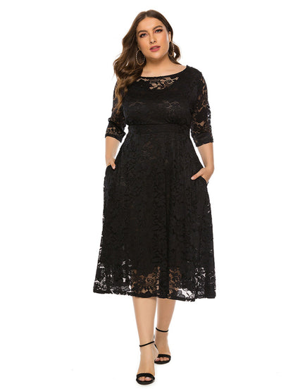 Plus size women's new evening dress bridesmaid dress lace pocket dress
