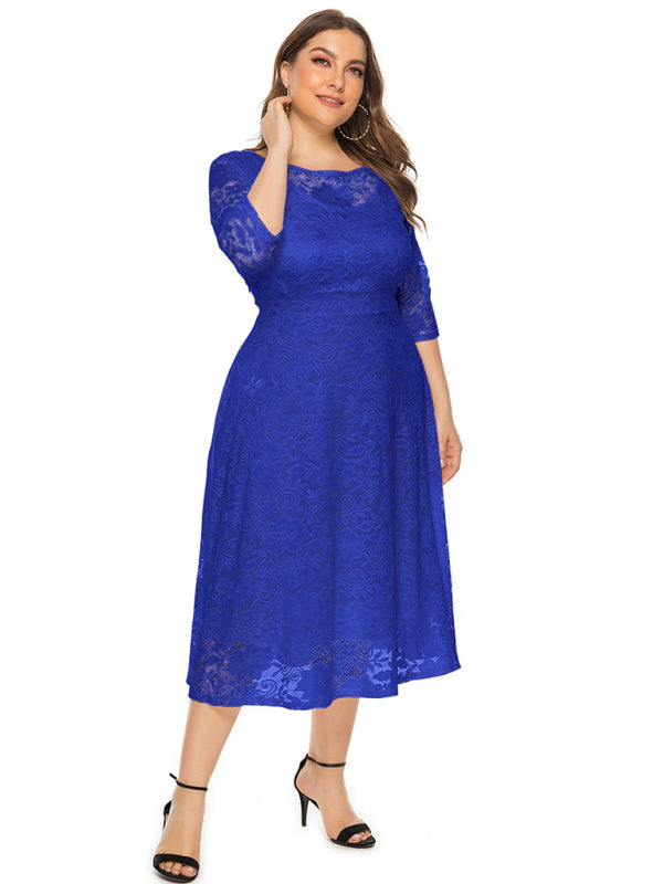 Plus size women's new evening dress bridesmaid dress lace pocket dress Purplish blue navy