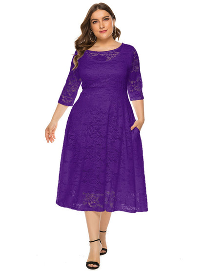 Plus size women's new evening dress bridesmaid dress lace pocket dress Dark purple