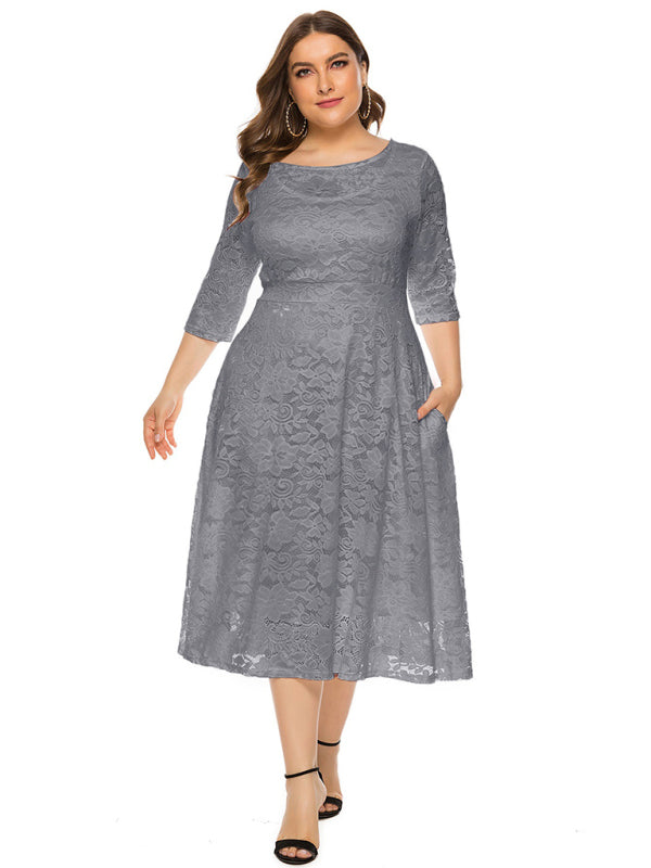 Plus size women's new evening dress bridesmaid dress lace pocket dress