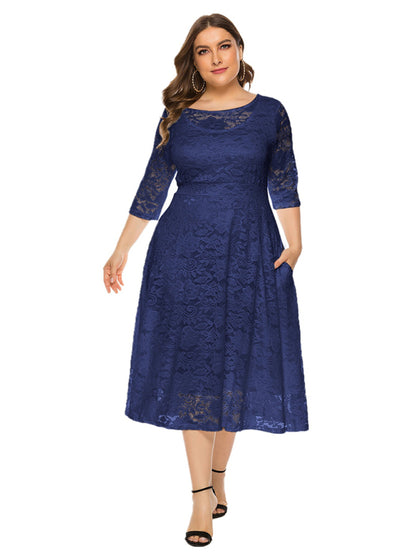 Plus size women's new evening dress bridesmaid dress lace pocket dress Champlain color