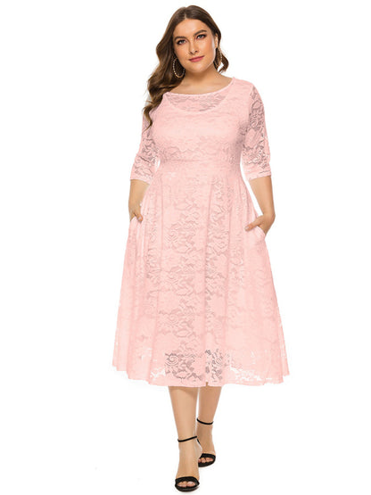 Plus size women's new evening dress bridesmaid dress lace pocket dress Pink