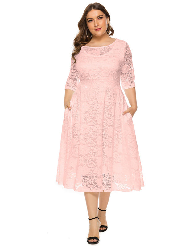 Plus size women's new evening dress bridesmaid dress lace pocket dress Pink