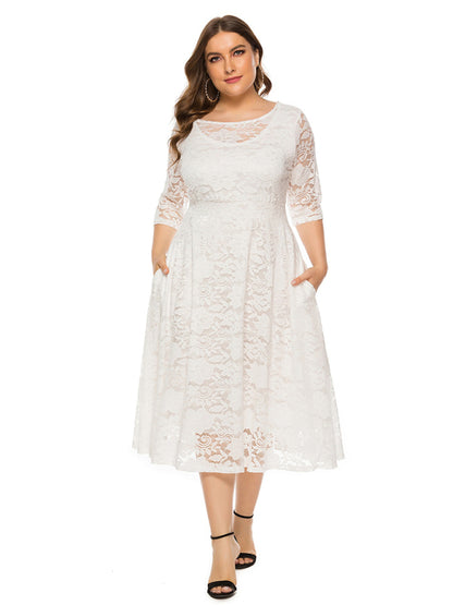 Plus size women's new evening dress bridesmaid dress lace pocket dress White