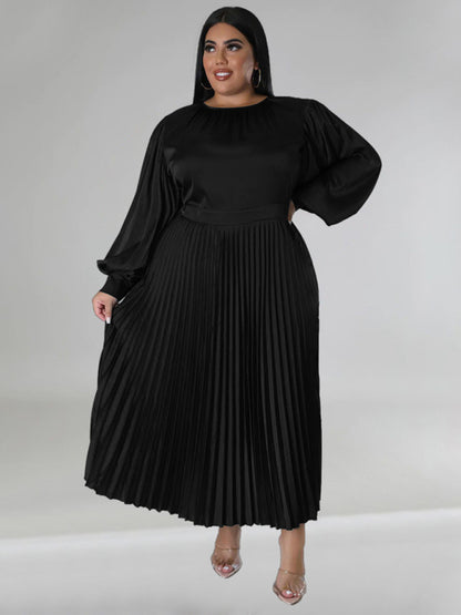 Plus Size Women's Pleated Round Neck Long Sleeve Dress Black