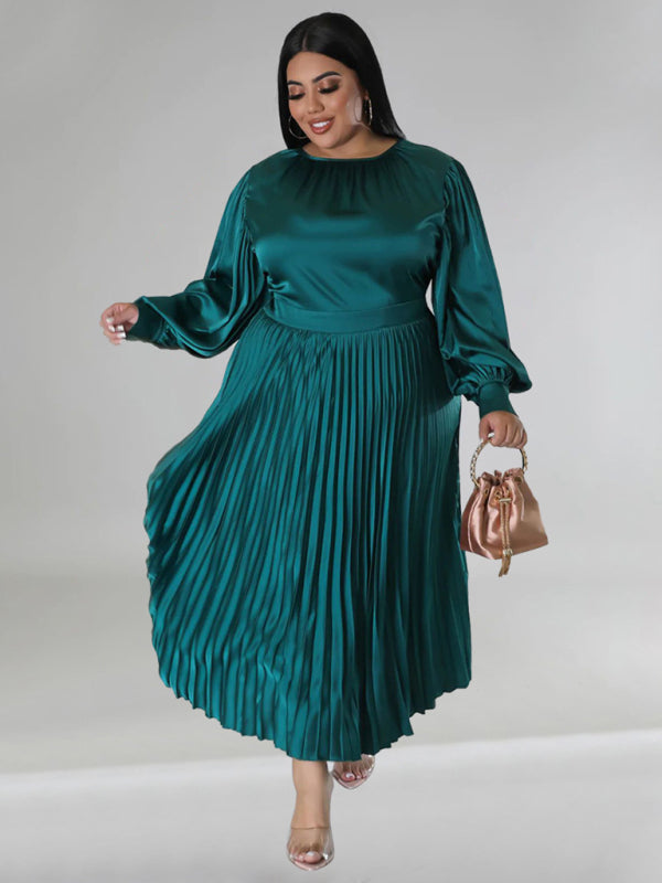 Plus Size Women's Pleated Round Neck Long Sleeve Dress Green