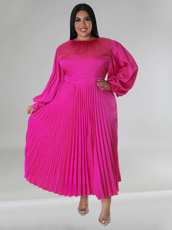Plus Size Women's Pleated Round Neck Long Sleeve Dress Rose