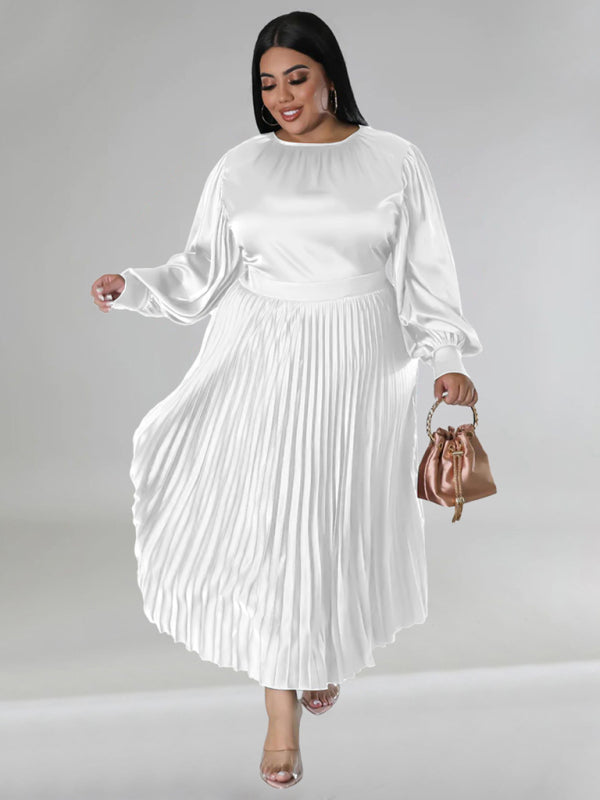 Plus Size Women's Pleated Round Neck Long Sleeve Dress White