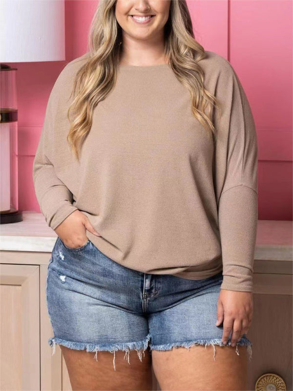 Plus size women's casual solid color long sleeve T-shirt Khaki
