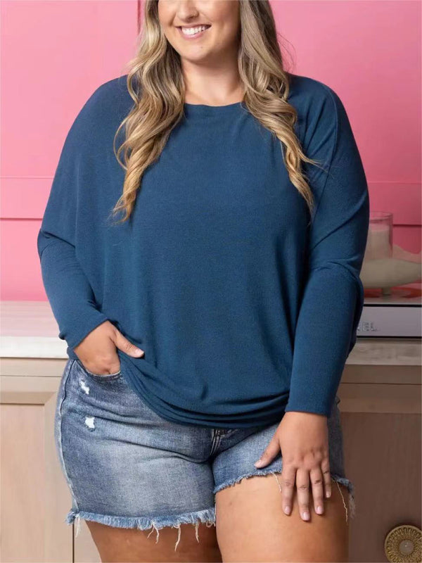 Plus size women's casual solid color long sleeve T-shirt Champlain color