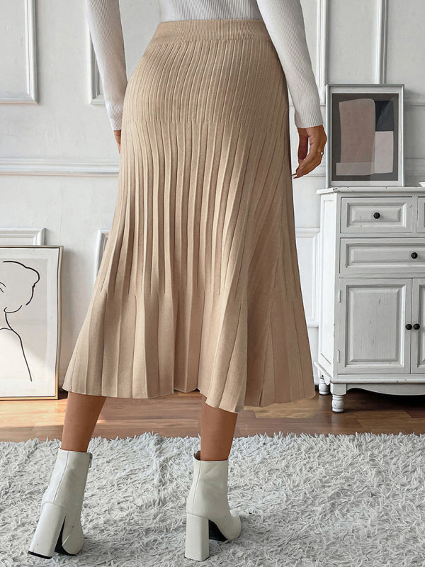 Pleated Knit Skirt for Women - Elastic Waist A-Line Midi Skirt