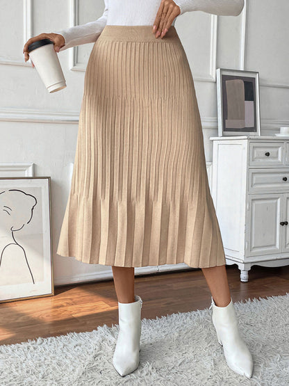 Pleated Knit Skirt for Women - Elastic Waist A-Line Midi Skirt