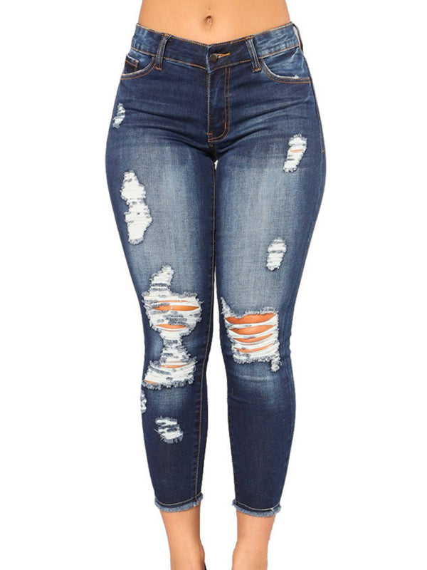 Women's high waist stretch ripped jeans Purplish blue navy