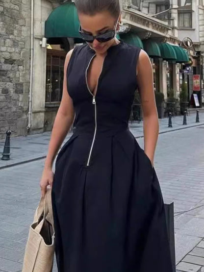 Modern Sleeveless V-neck Casual Temperament Commuter Waist Zipper Neck Dress Black