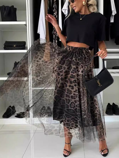 Leopard Print Chiffon Skirt Women Elastic Waist Wide Swing Midi