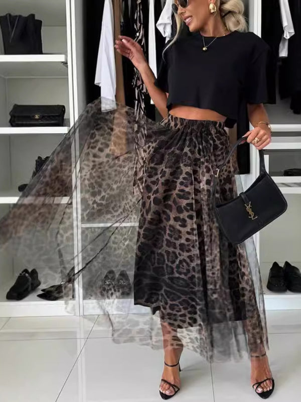 Leopard Print Chiffon Skirt Women Elastic Waist Wide Swing Midi