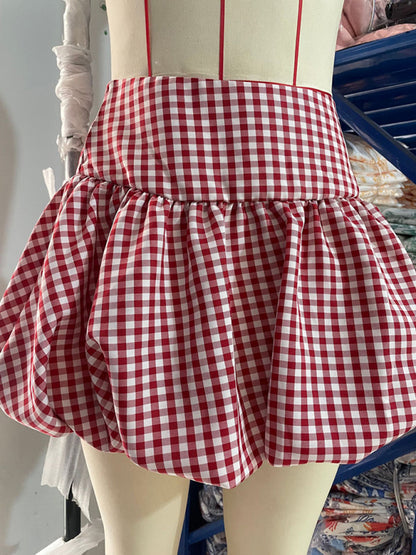 Casual Plaid A-Line Flared Mini Skirt Red