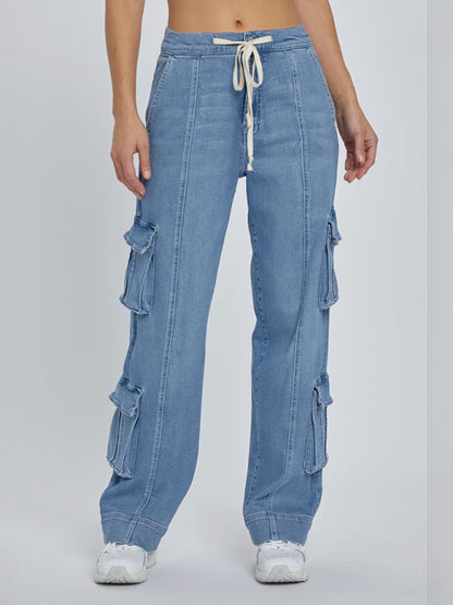 New Street Wash Overalls Multi-Pocket Wide-Leg Lace-Up Jeans Blue
