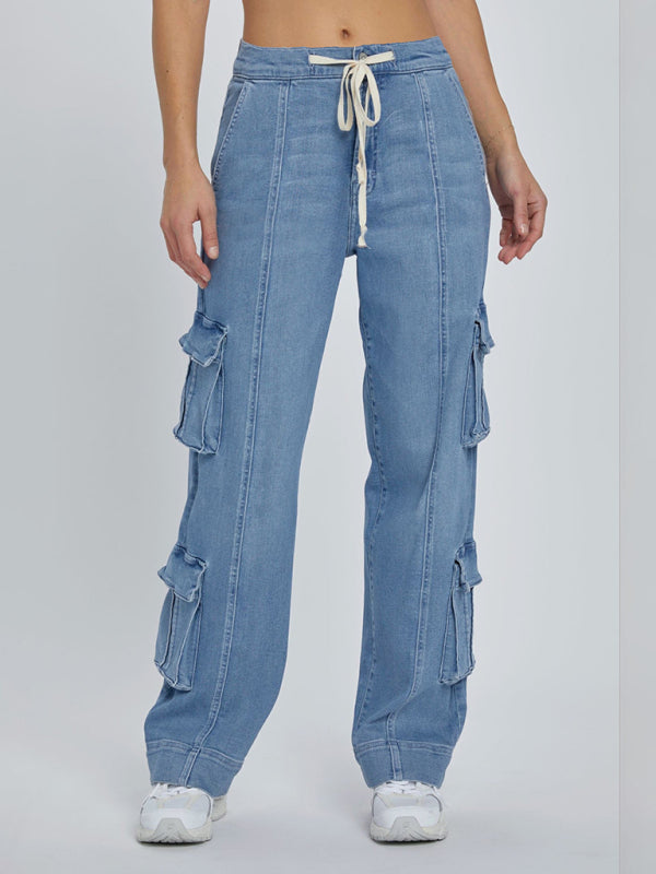 New Street Wash Overalls Multi-Pocket Wide-Leg Lace-Up Jeans Blue