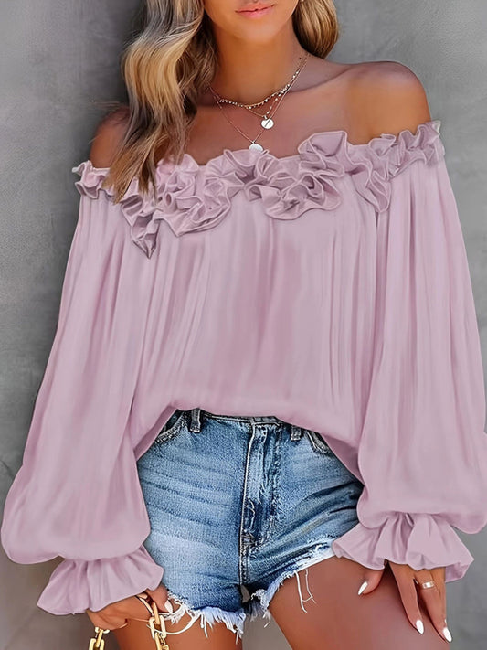 Plus size women's fashion ruffled one shoulder long sleeve top Purple